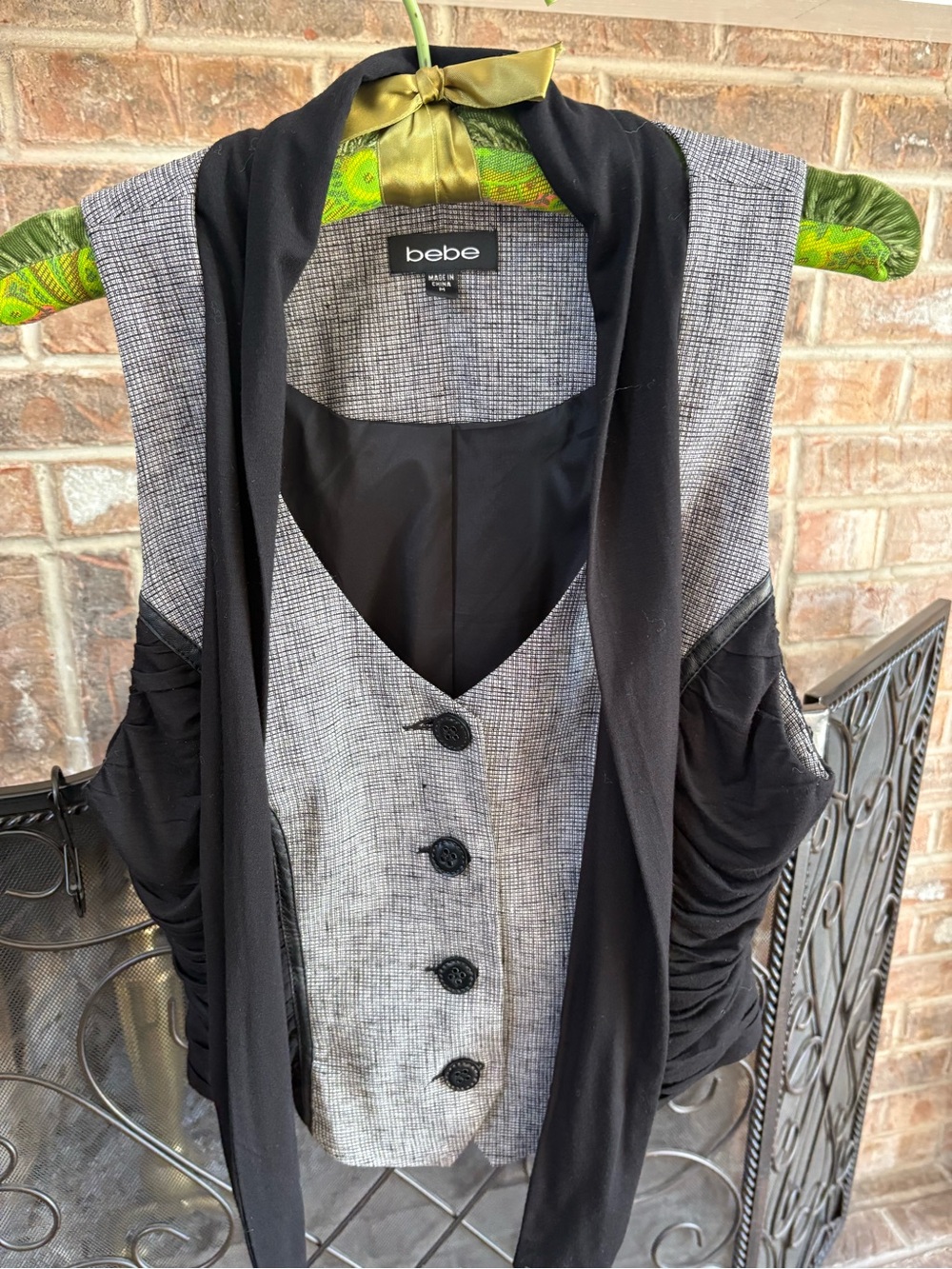 bebe Black and Gray Sleeveless Vest with Draped Scarf Detail